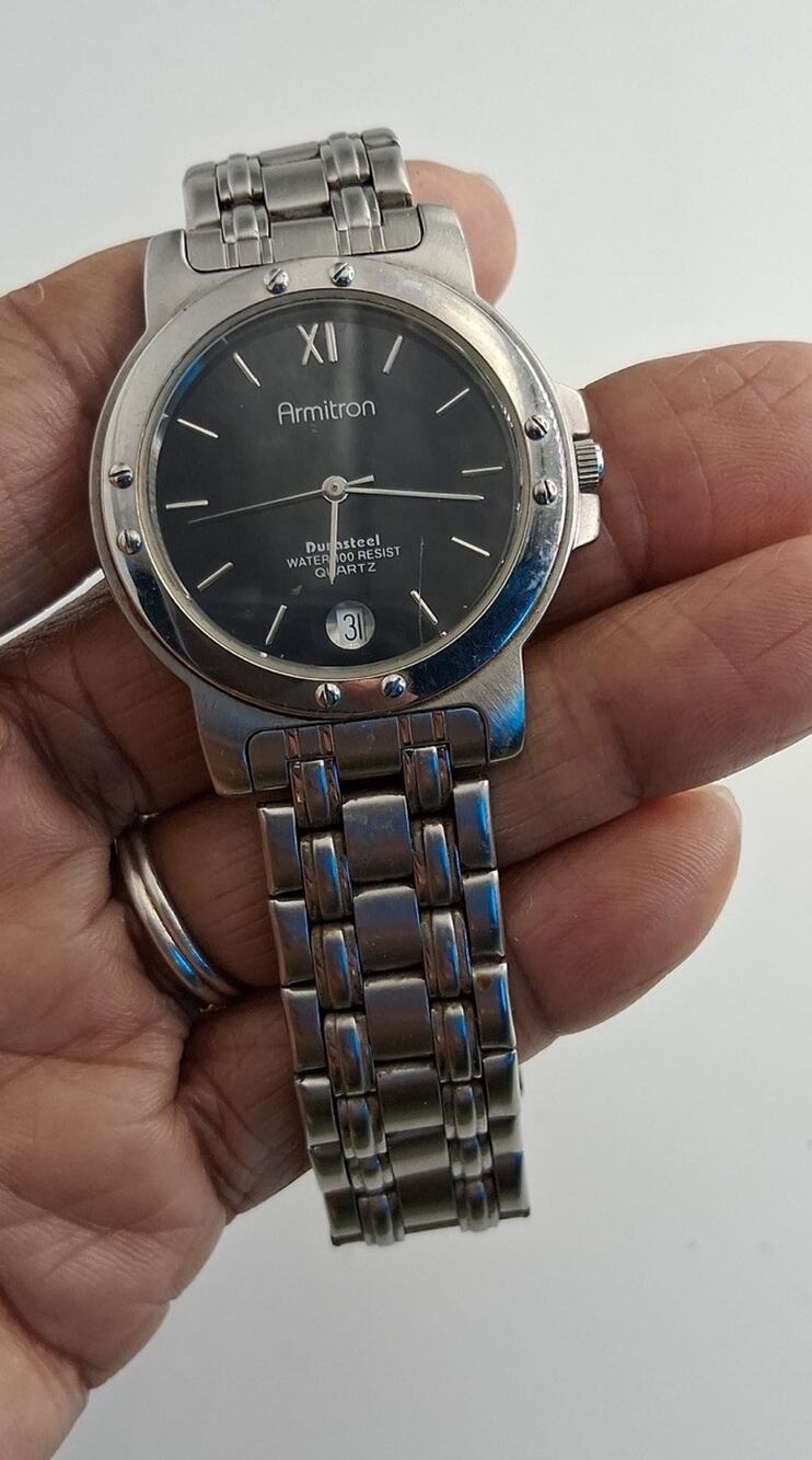 Armitron Durasteel Mens Watch Stainless Steel Black Dial Date Water 100Resist